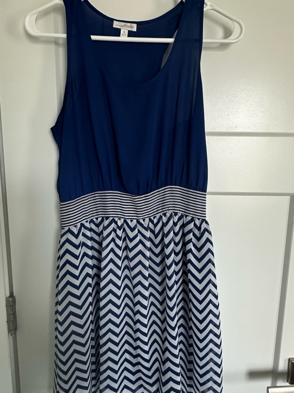 Charming Charlie Navy and White Chevron Waistband Sundress